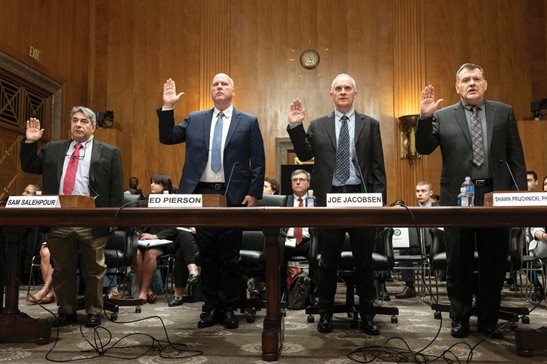 Boeing quality engineer Sam Salehpour, from left, Ed Pierson, executive director of The Foundation for Aviation Safety and a former Boeing engineer; Joe Jacobsen, aerospace engineer and technical adviser to the Foundation for Aviation Safety; and Shawn Pruchnicki, professor of integrated systems engineering at The Ohio State University, are sworn in before a Senate committee Wednesday. AP Photo/Kevin Wolf
