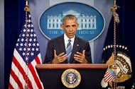 President Barack Obama speaks in the White House briefing room in Washington,D.C., today regarding the Supreme Court’s immigration decision. A tie vote by the Supreme Court is blocking Obama’s immigration plan that sought to shield millions living in the U.S. illegally from deportation. 
