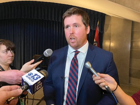 Republican Scott Fitzpatrick speaks to reporters after being sworn in as Missouri’s new state auditor on Jan. 9, 2023. Fitzpatrick said on Monday that an audit of the St. Louis Circuit Attorney’s office is delayed because officials in his office can’t locate former Circuit Attorney Kim Gardner.