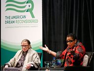 U.S. Supreme Court Justice Ruth Bader Ginsburg, left, participates in a conversation with 7th U.S. Circuit Court of Appeals Judge Ann Claire Williams at Roosevelt University Monday night. 