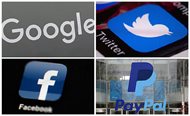 This photo combo of images shows, clockwise, from upper left: a Google sign at a store in Hialeah, Fla., the Twitter app displayed on a smartphone, PayPal headquarters in San Jose, Calif., and the Facebook app displayed on an iPad. It took a violent rally to get tech companies, such as these and others, to do what civil rights groups have been calling for for years: take a firmer stand against accounts used to promote hate and violence. 