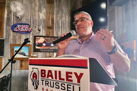 Republican candidate for Illinois governor Darren Bailey speaks to voters June 14 during a campaign stop in Athens, Ill. The anti-abortion Bailey was endorsed by former President Donald Trump over the weekend.