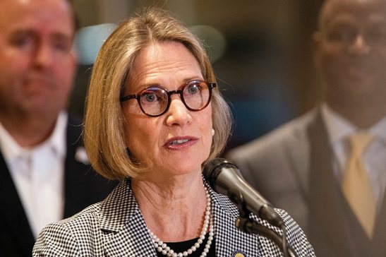 State Sen. Suzy Glowiak Hilton speaks at a news conference Friday at Water Tower Place in the Gold Coast neighborhood in Chicago, where Gov. J.B. Pritzker signed into law a bill that defines organized retail crime and creates stiffer penalties for ringleaders.