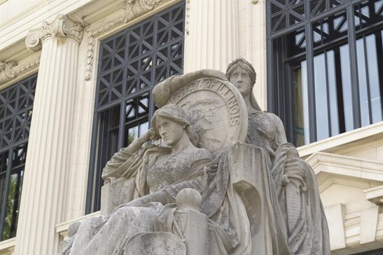 A statue is pictured outside of the Illinois Supreme Court building in Springfield.