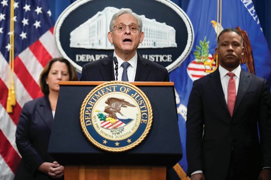 Attorney General Merrick Garland announced on Friday a special counsel to oversee the Justice Department’s investigation into the presence of classified documents at former President Donald Trump’s Florida estate and aspects of a separate probe involving the Jan. 6 insurrection and efforts to undo the 2020 election. At left is Deputy Attorney General Lisa Monaco and Assistant Attorney General for the Criminal Division Kenneth Polite.
