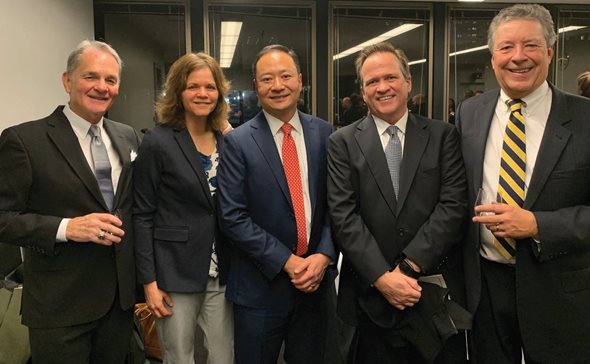 Judge John Z. Lee, center, with Michael Freeborn, from left, and partners Jill Anderson, Andrew Nordahl and David Gustman of Freeborn & Peters LLP attended Lee’s investiture to the 7th Circuit U.S. Court of Appeals on Monday. Lee previously worked at the firm.