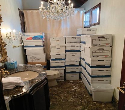 This image, contained in the indictment against former President Donald Trump, shows boxes of records stored in a bathroom and shower in the Lake Room at Trump's Mar-a-Lago estate in Palm Beach, Florida.