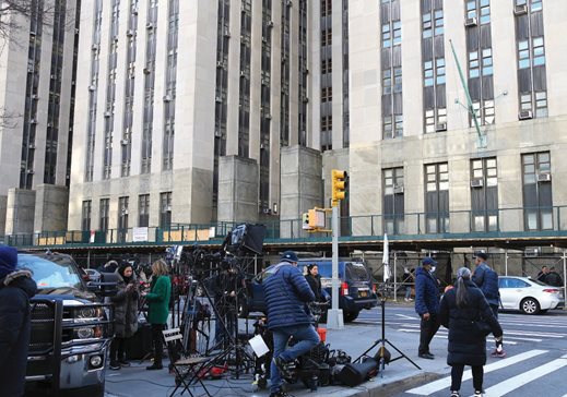 Media and police gathered around the New York court Monday ahead of former President Donald J. Trump's possible indictment. With Manhattan District Attorney Alvin Bragg thought to be eyeing charges in the alleged payment of hush money during the 2016 campaign, local law enforcement officials are bracing for the public-safety ramifications of an unprecedented prosecution of a former American president.