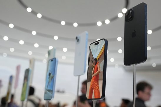 iPhone 15 phones are shown during an announcement of new products on the Apple campus in Cupertino, California, last fall.