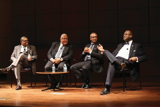 Cook County Circuit Judge John F. Lyke Jr., from left, Larry R. Rogers Sr.; Larry R. Rogers Jr. and Justice P. Scott Neville Jr. discussed the legacy of former U.S. Supreme Court Justice Thurgood Marshall after a screening of the film "Marshall" at IIT Chicago-Kent College of Law in 2018. “Lawyer’s lawyer” Larry Rogers Sr. died at 75.