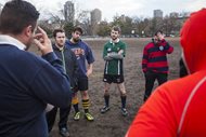 Stephen Cronin, Sean Lynch, Michael S. Young, Xavier Cruz and other members of the Chicago Lawyers Rugby Football Club gather during a March practice at Oz Park. They have games scheduled for April 25, May 9 and May 30. 