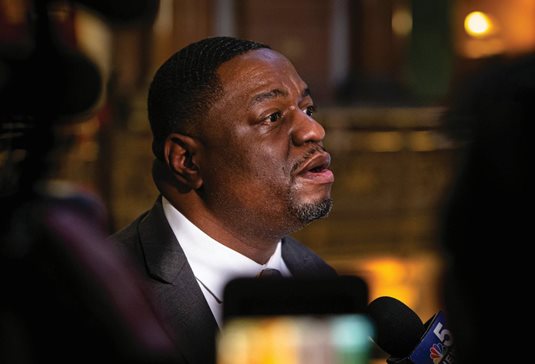 Illinois State Sen. Emil Jones III, D-Chicago, speaks to the media at the Illinois State Capitol in 2020. Jones pleaded not guilty Friday to bribery charges stemming from an investigation into legislators and companies that operate red-light cameras.