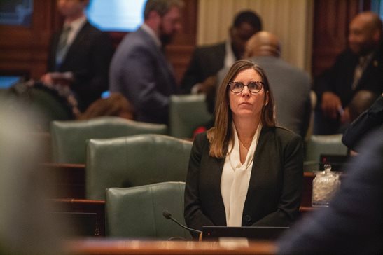 State Rep. Ann Williams, D-Chicago, is shown on the floor of the Illinois House on Thursday during debate over her bill to create a fully elected Chicago school board in 2026.